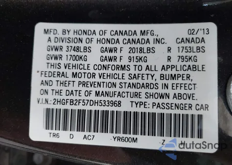 2013 Honda Civic Lx from USA, damaged, VIN 2HGFB2F57DH533968